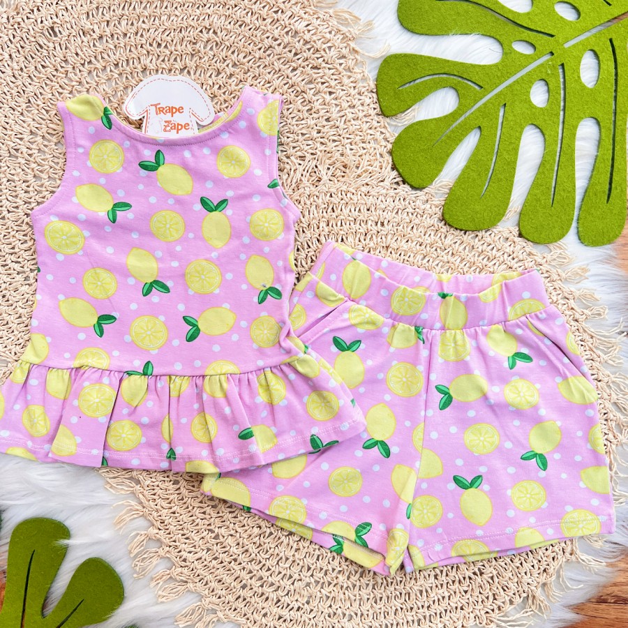 Conj. Regata com Laço e Short Limões - Rosa e Verde 